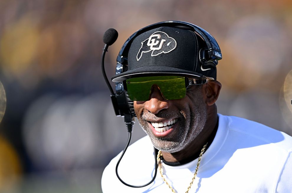 Head coach Deion Sanders of the Colorado Buffaloes looks on before the game against the West Virginia Mountaineers at Milan Puskar Stadium on November 08, 2025 in Morgantown, West Virginia.